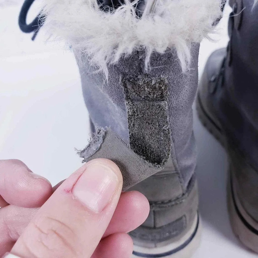 Sorel‎ Tivoli III Waterproof Boots Grey Suede Faux Fur Trim Lace Up Womens 7